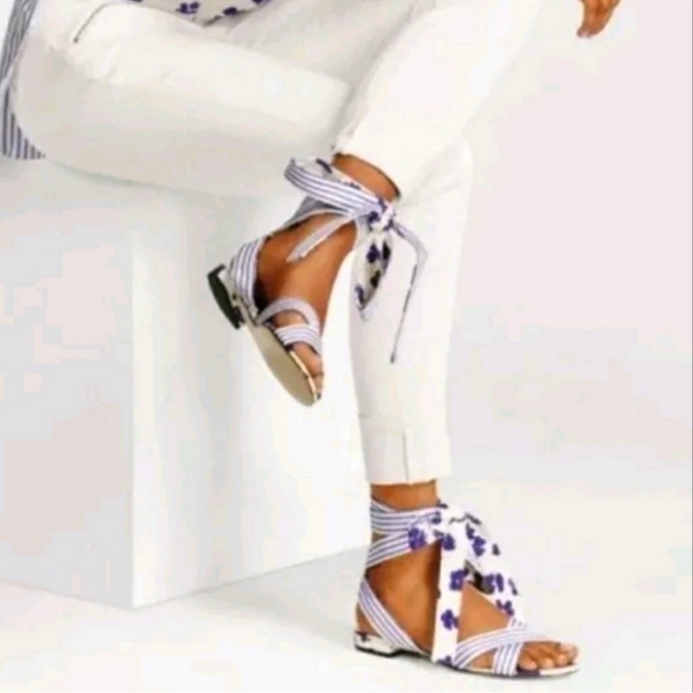 CAbi White and Blue Floral Sandals with Strappy Tie Design Size 11